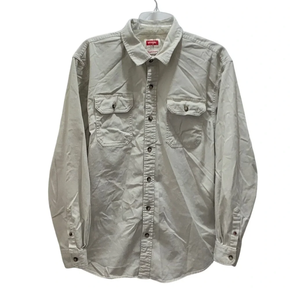 Wrangler Mens Flex for Comfort Long Sleeve Button Down Shirt Khaki Tan Large